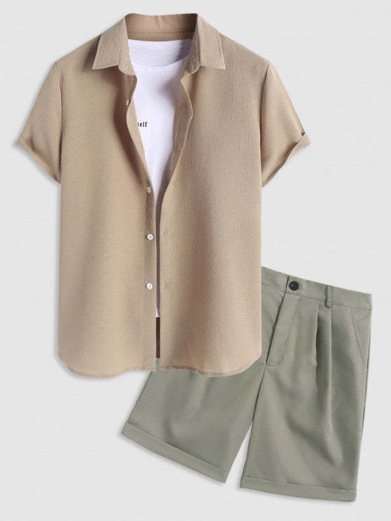 Textured Short Sleeves Shirt And Suit Shorts