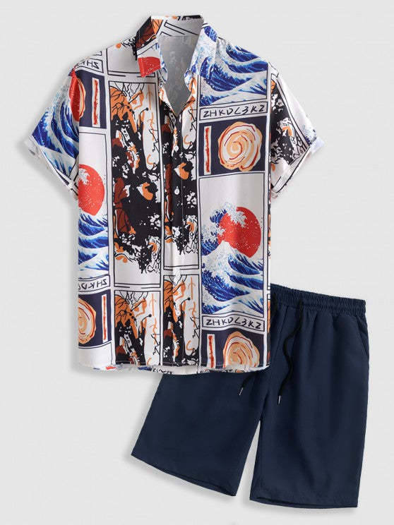 Wave Sun Pattern Short Sleeves Shirt With Casual Shorts Set