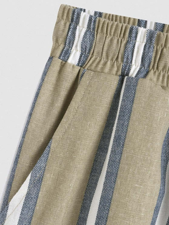 Linen Stripes Shirt And Casual Shorts Set