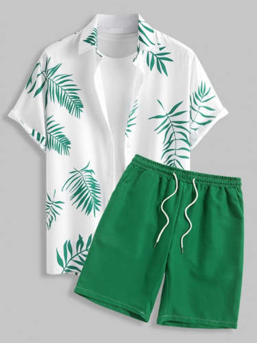 Tropical Leaves Pattern Shirt And Casual Shorts Set
