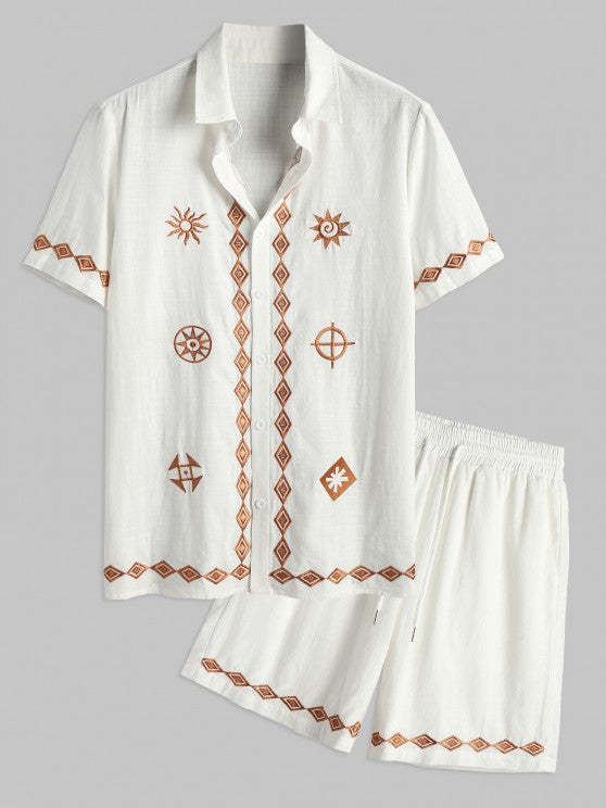 Geometric Embroidered Shirt And Shorts Set