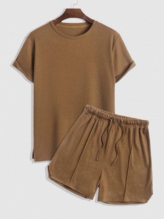 Textured Side Slit Short Sleeves T Shirt And Drawstring Shorts Set