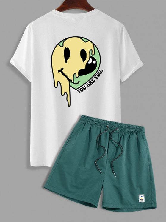 Cartoon Smile Pattern Print T Shirt And Shorts Set