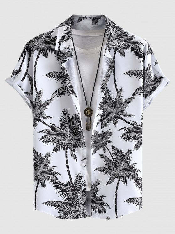 Tropical Coconut Tree Print Shirt And Striped Shorts