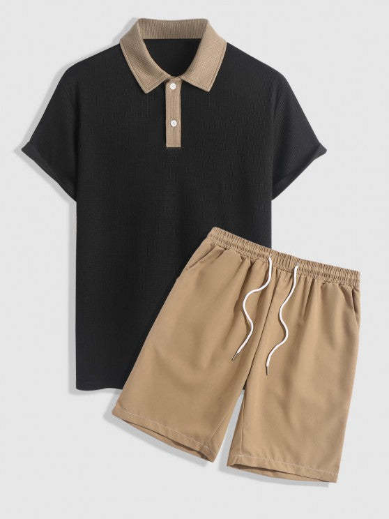 Spliced Textured Short Sleeves Polo T Shirt And Shorts
