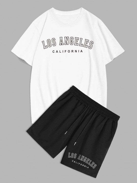 Los Angeles Letter Tee And Drawstring Shorts