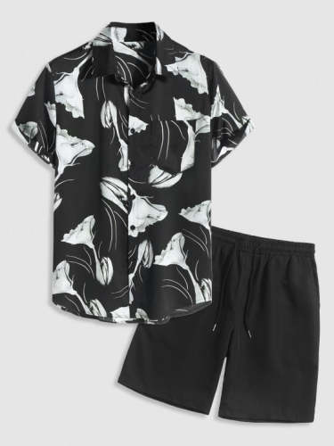 Summer Flowers Pattern Button Front Shirt And Shorts