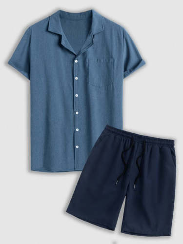 Lapel Collar Button Up Shirt And Shorts Set