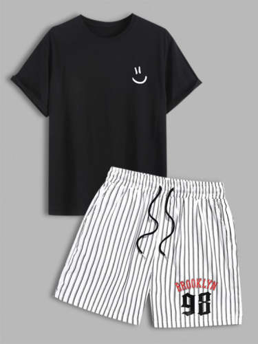 Cartoon Smile T Shirt And Striped Shorts Set