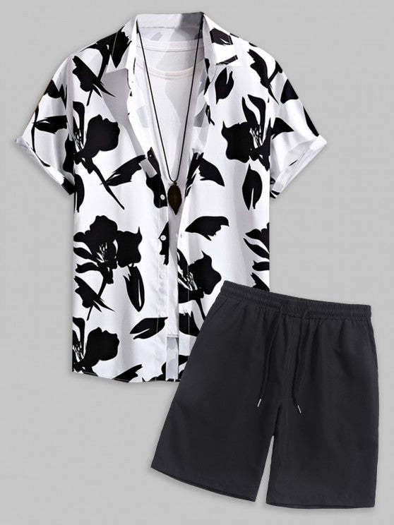 Beach Floral Pattern Monochrome Shirt And Shorts