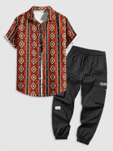 Geometric Pattern Shirt And Cargo Pants Set