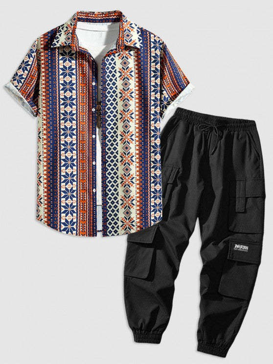 Retro Ethnic Geometric Pattern Shirt And Pants