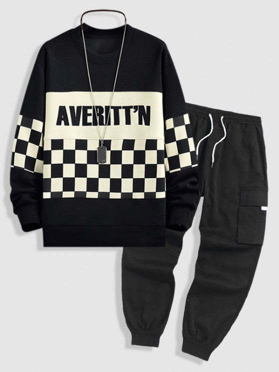 Letter Checkerboard Pattern Pullover Sweatshirt And Pants
