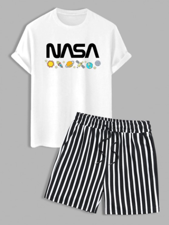 Cosmic Print T Shirt And Color Striped Shorts