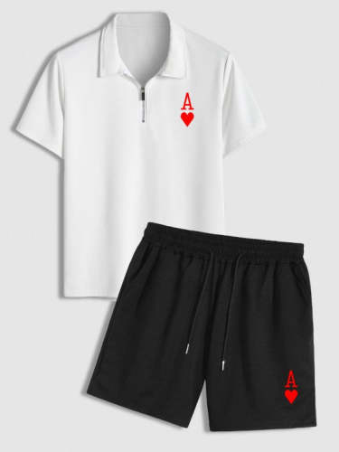 Printed Polo Collared T Shirt And Drawstring Shorts