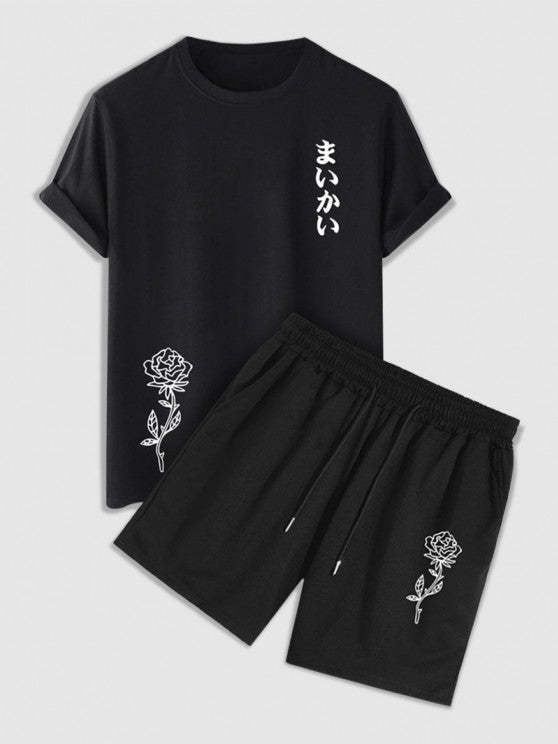 Rose Text Pattern Casual T Shirt And Shorts