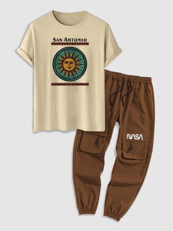Ethnic Sun Print T Shirt And Cargo Pants Set