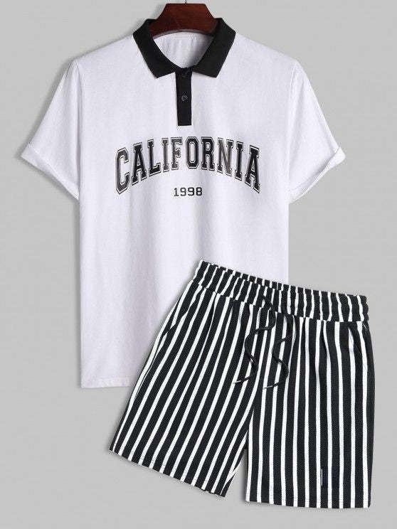 Patterned Collared T Shirt And Striped Drawstring Shorts