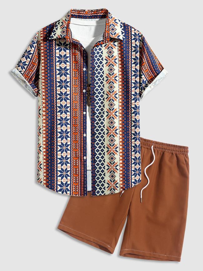 Retro Ethnic Geometric Pattern Short Sleeves Shirt And Shorts Set