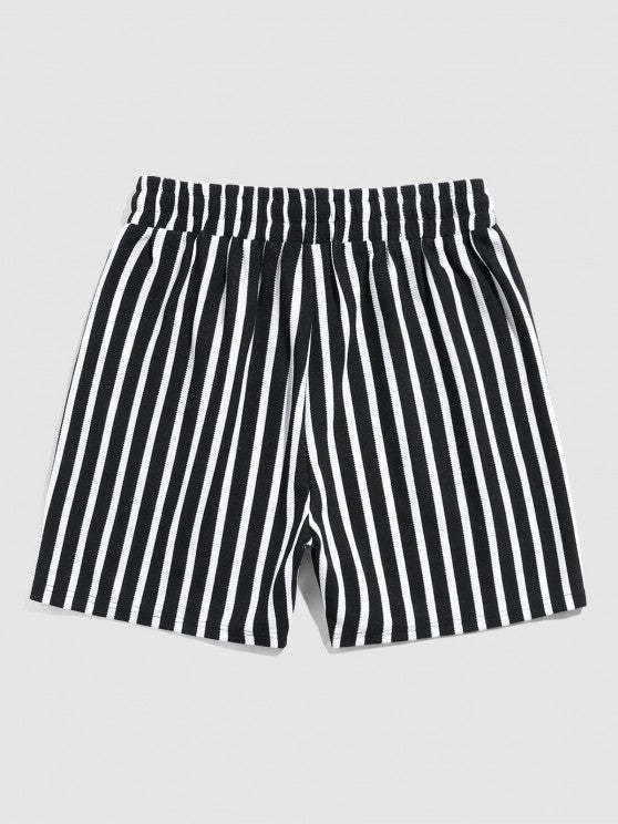 Patterned Collared T Shirt And Striped Drawstring Shorts