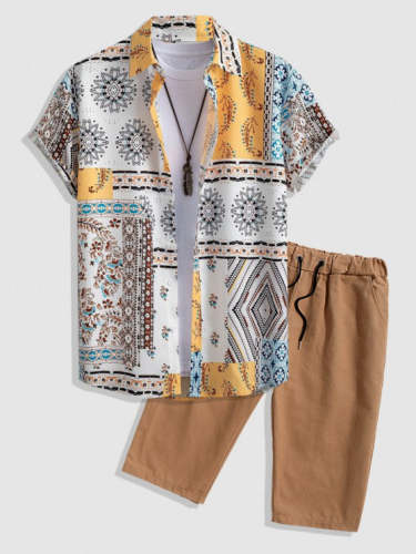 Retro Floral Print Shirt And Multi Pocket Bermuda Shorts Set