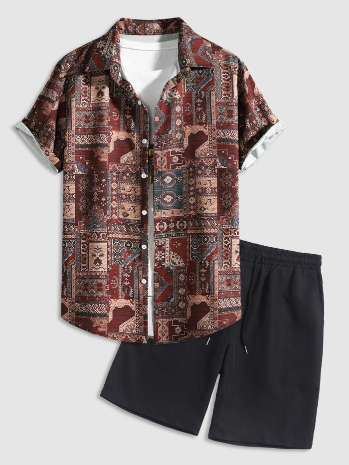 Vintage Geo Printed Casual Button Up Shirt And Shorts Set