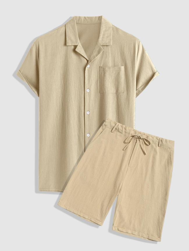 Cotton And Linen Textured Shirt And Cuffed Shorts Set