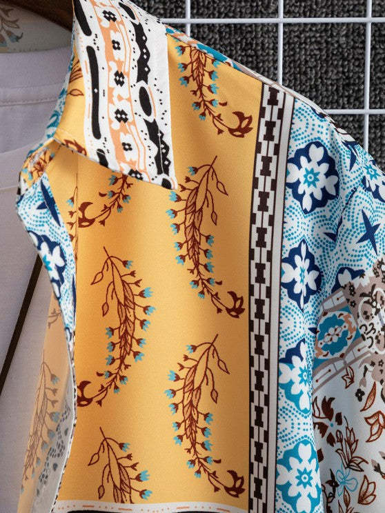 Retro Floral Print Shirt And Multi Pocket Bermuda Shorts Set