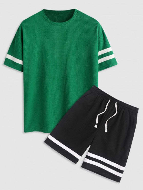 Striped Sports Textured Short Sleeves T Shirt And Shorts Set