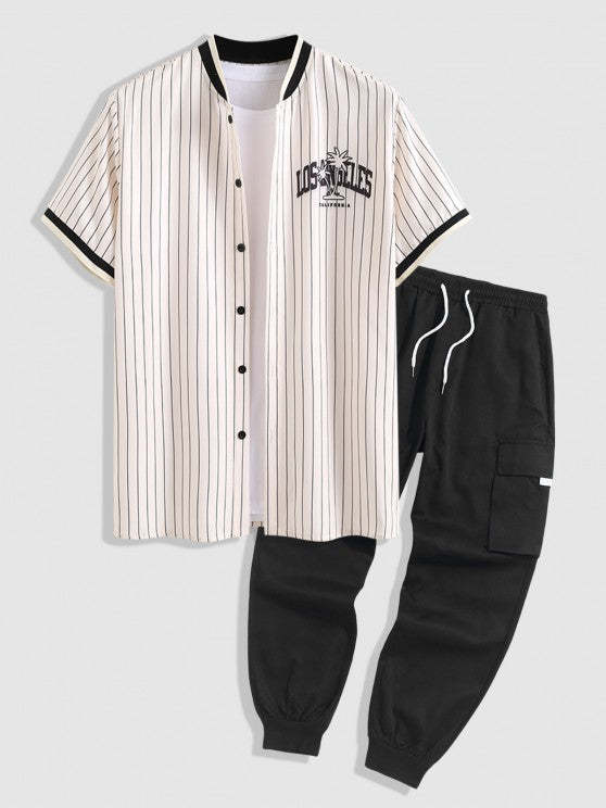 Tree Striped Pattern Baseball Shirt With Cargo Pants Set