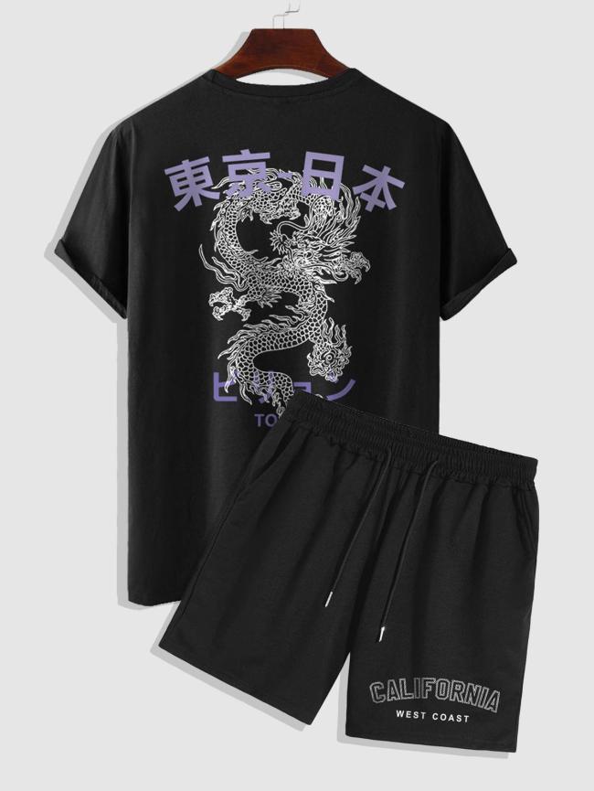 Tokyo Dragon Pattern Short Sleeves T Shirt And Shorts Set