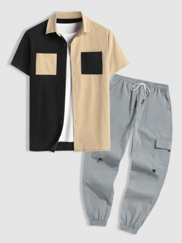 Two Tone Short Sleeves Shirt And Cargo Pants Set
