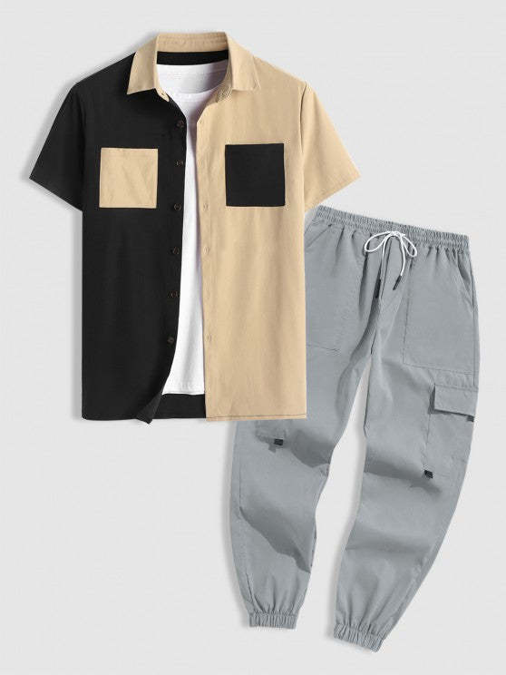 Two Tone Short Sleeves Shirt And Cargo Pants Set