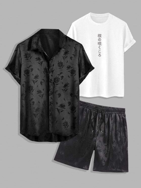 3 Pieces Graphic Printed T Shirt And Shirt And Shorts Set