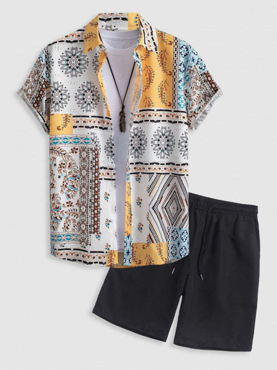 Retro Floral Print Beach Shirt And Shorts
