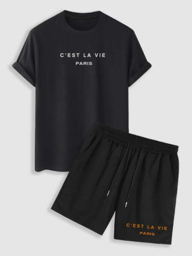 Plain Printed T Shirt And Drawstring Shorts Set