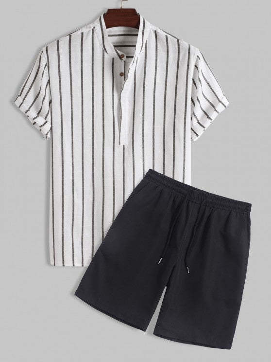 Vertical Striped Office Shirt And Shorts Set