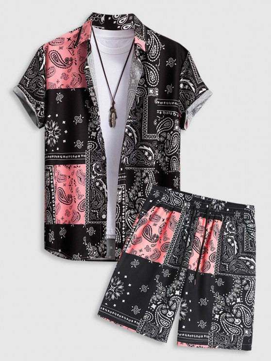 Ethnic Style Sleeves Shirt And Drawstring Shorts Set