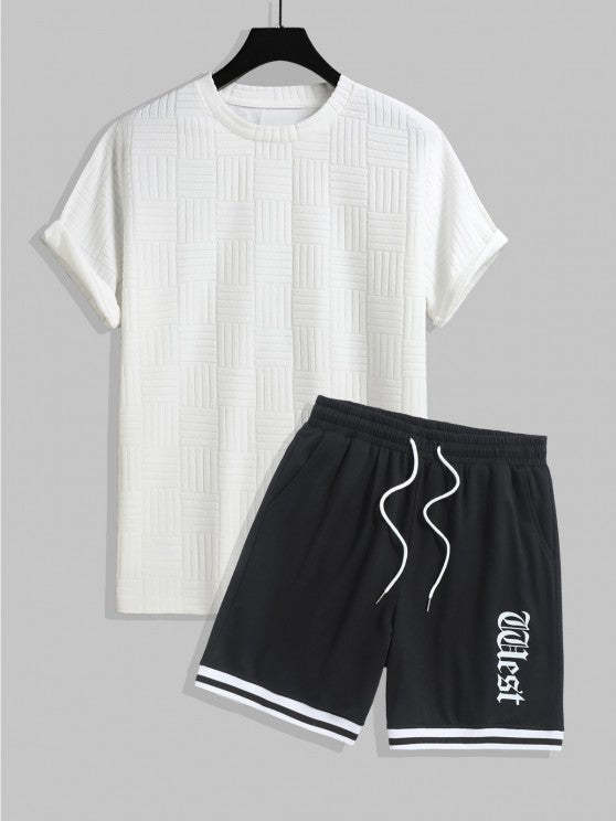 T Shirt And Printed Drawstring Casual Shorts Set
