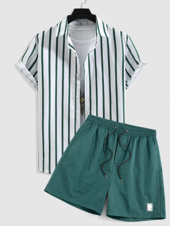 Button Up Striped Shirt With Drawstring Shorts Set