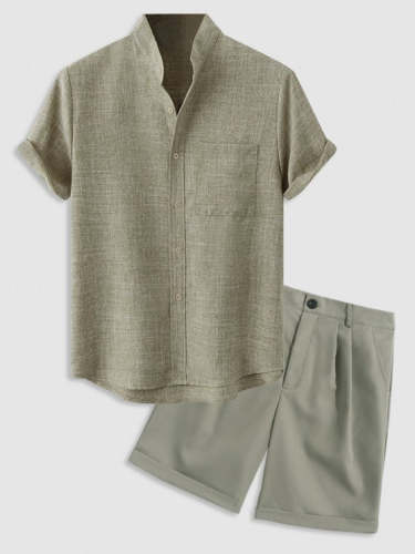 Solid Color Textured Shirt And Suit Shorts Set