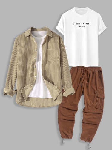 Letter Printed T Shirt With Corduroy Shirt And Shorts