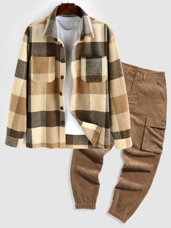 Plaid Pattern Double Pockets Shacket And Pants