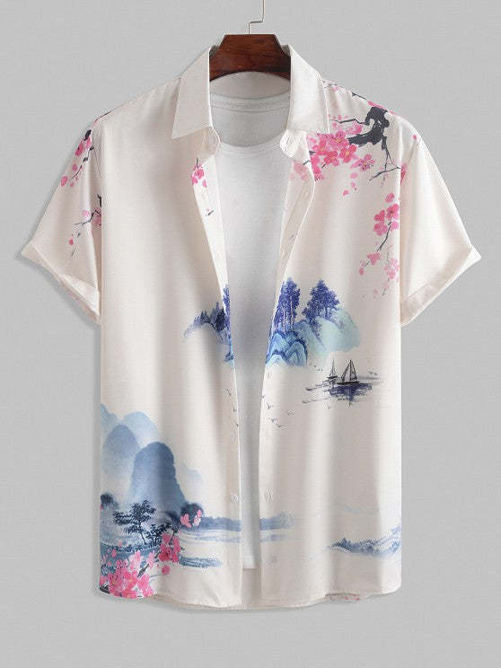 Casual Landscape Painting Shirt And Shorts Set