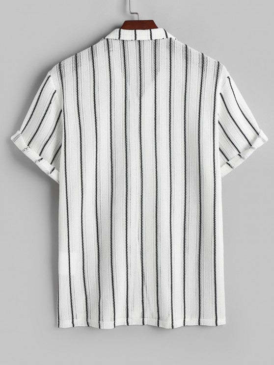 Vertical Stripes Knit Shirt And Drawstring Shorts Set