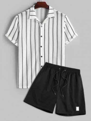 Vertical Stripes Knit Shirt And Drawstring Shorts Set