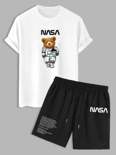 Spaceman Bear Tee And Letter Print Shorts Set