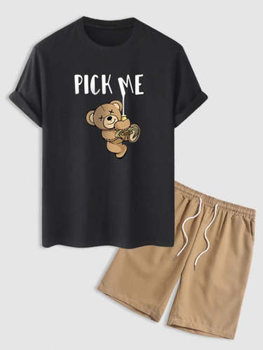 Bear Print Short Sleeve T Shirt And Basic Casual Shorts Set