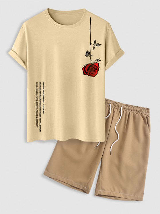Letter Rose Graphic Printed T Shirt And Shorts