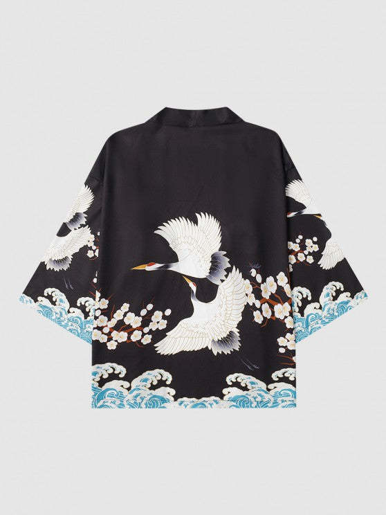 Sea Waves And Flower Print Kimono Shorts Set
